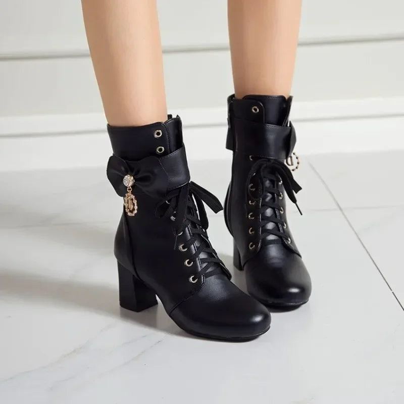 Women’s Round-Toe High Heel Ankle Boots With Bow