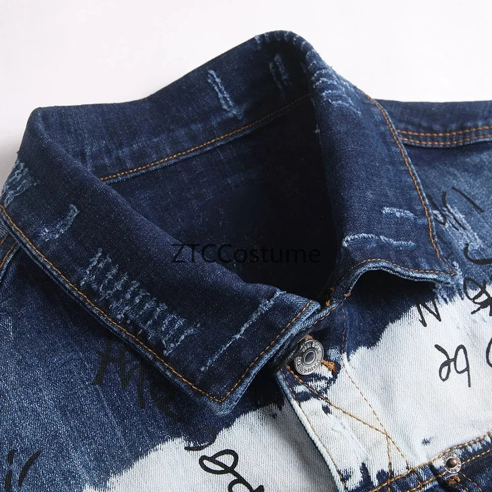Men's Slim Fit Denim Jacket With Graffiti Print