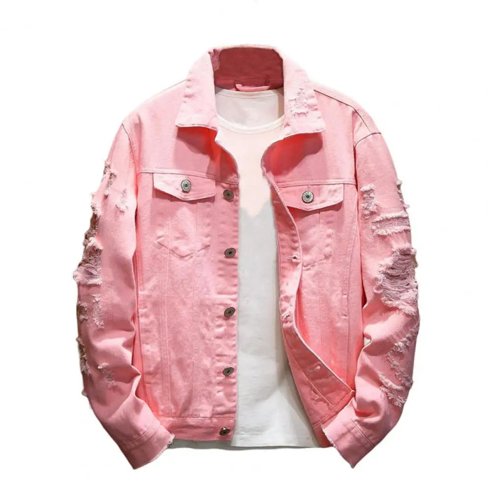 Pink Color Men’s Ripped Denim Jacket Solid Color Streetwear Coat