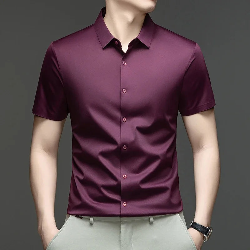 wine red Color Men's Ice Silk Short Sleeve Shirt – Lightweight Casual