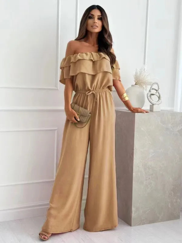 Khaki Color Women’s Off Shoulder Solid Jumpsuit With Cinched Waist