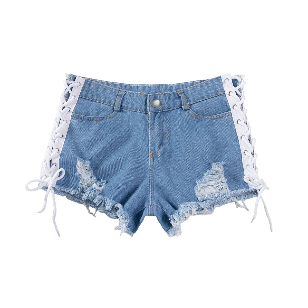 High Waist Lace-Up Denim Shorts For Women