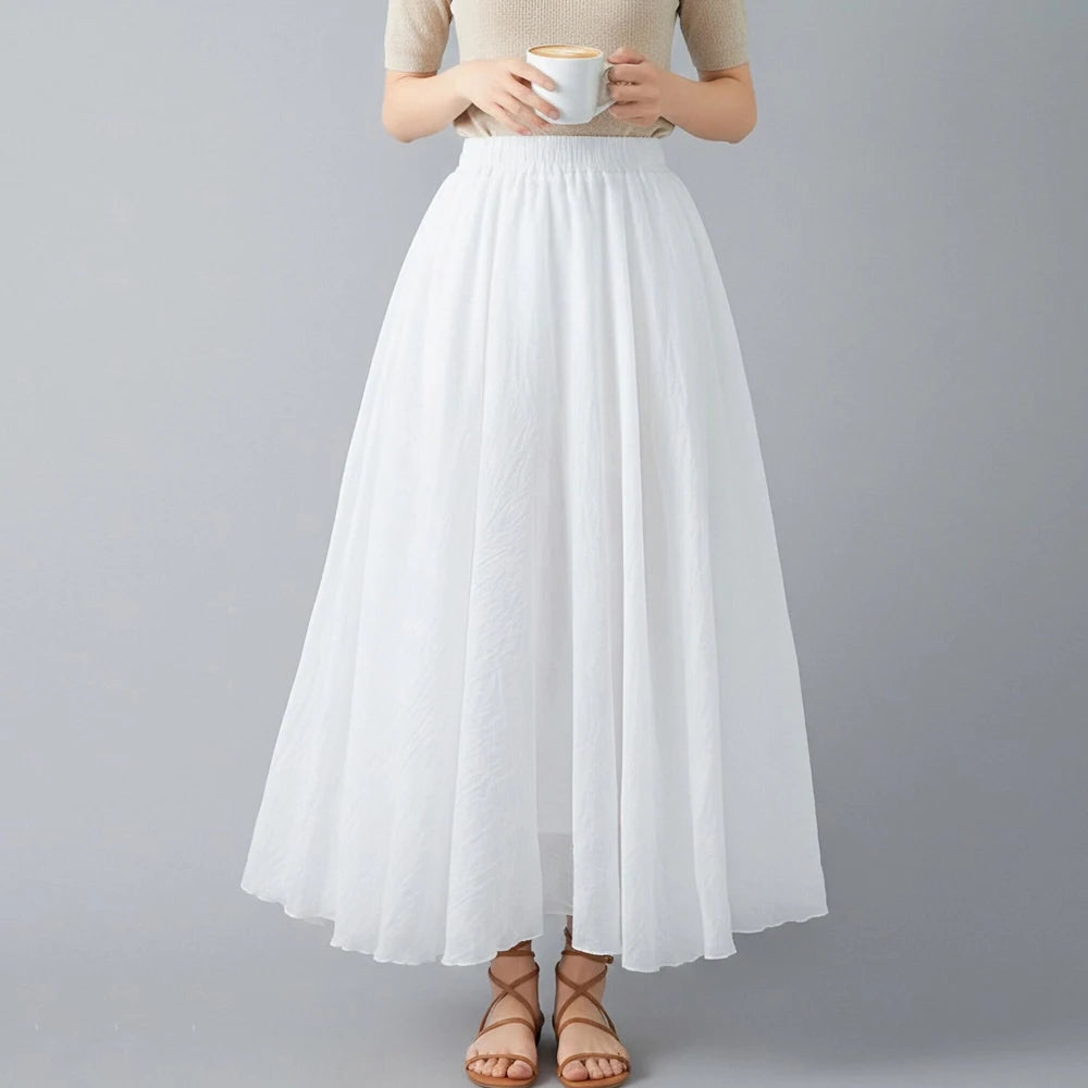 H432   White Color Women’s Pleated Chiffon A-Line Midi Skirt Elastic Waist