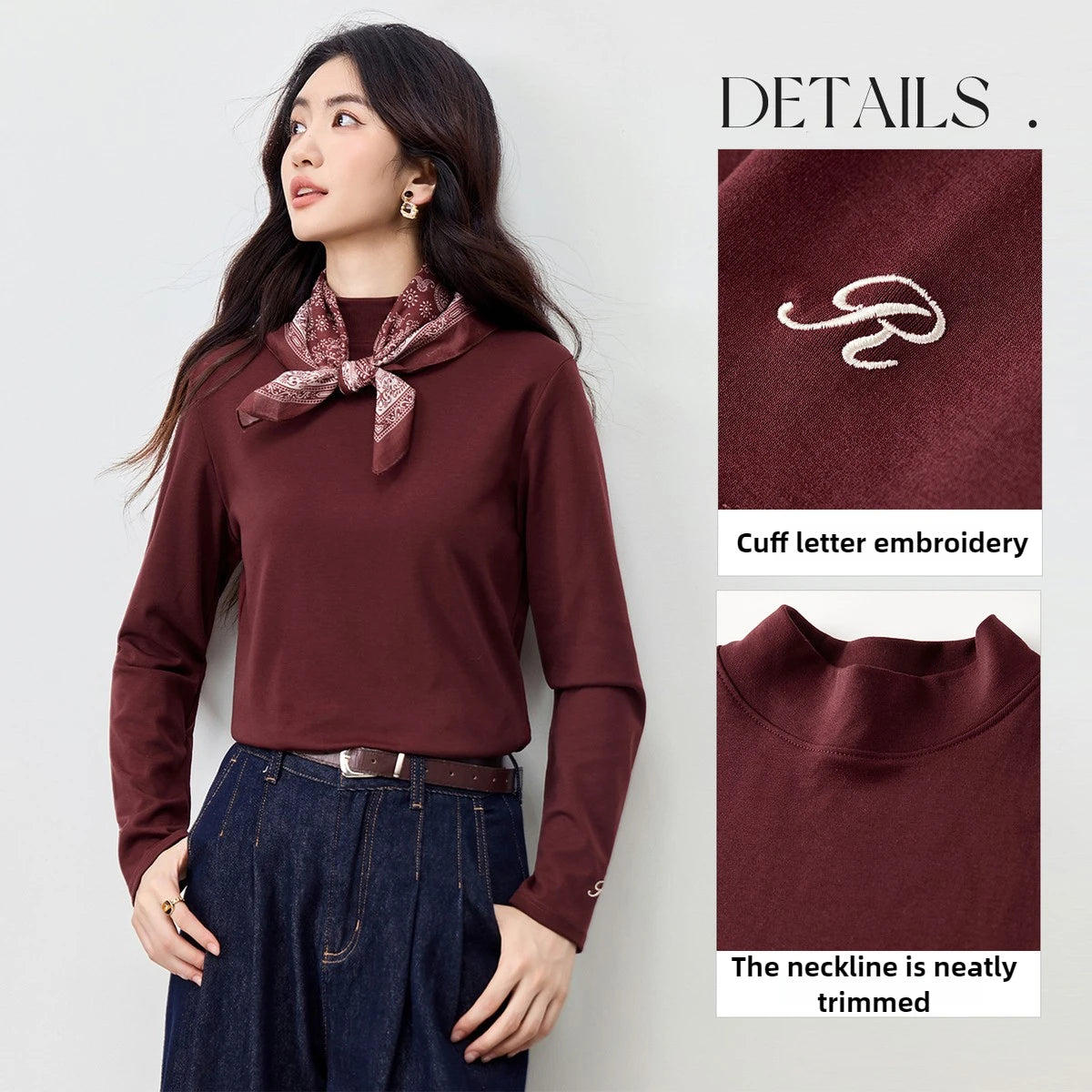 Women’s Thermal Knit Turtleneck Top With Letter Embroidery