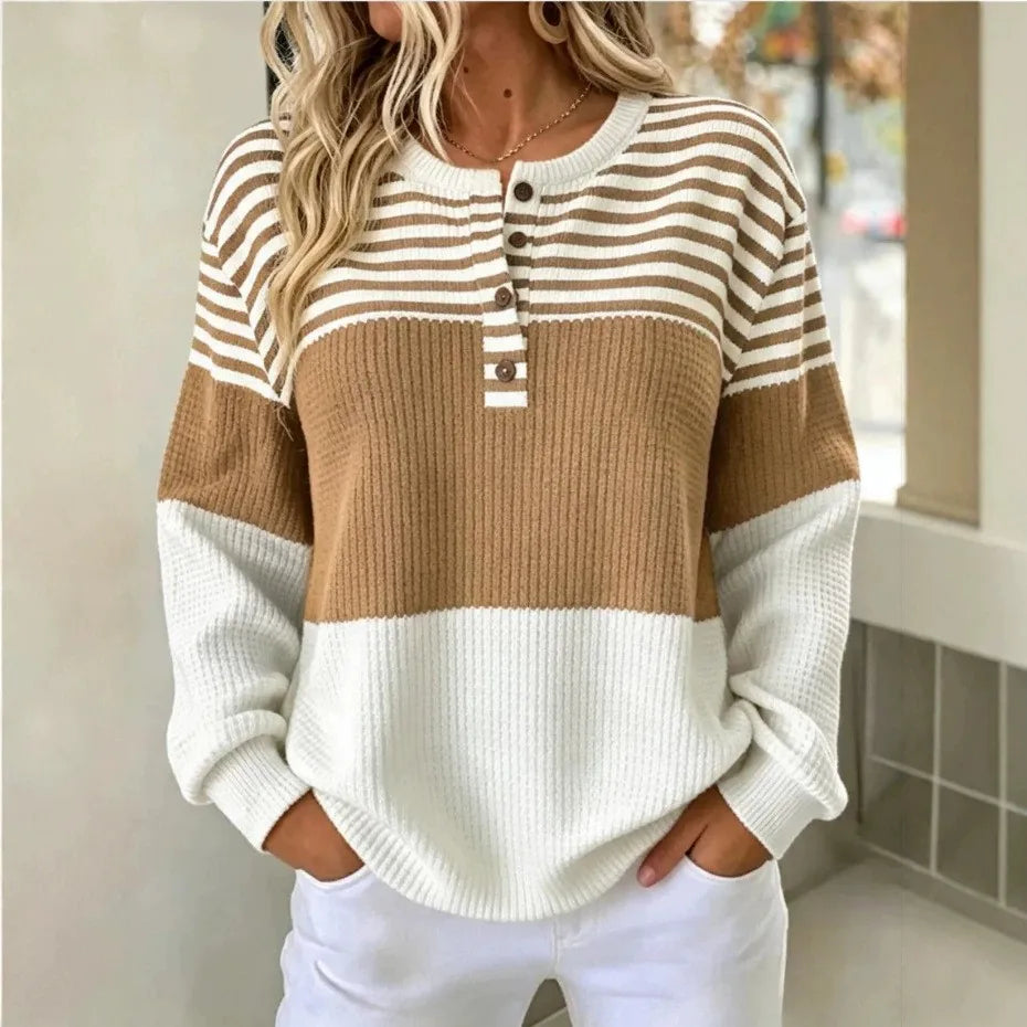 Women’s Striped Waffle Knit Pullover – Loose Casual Fit
