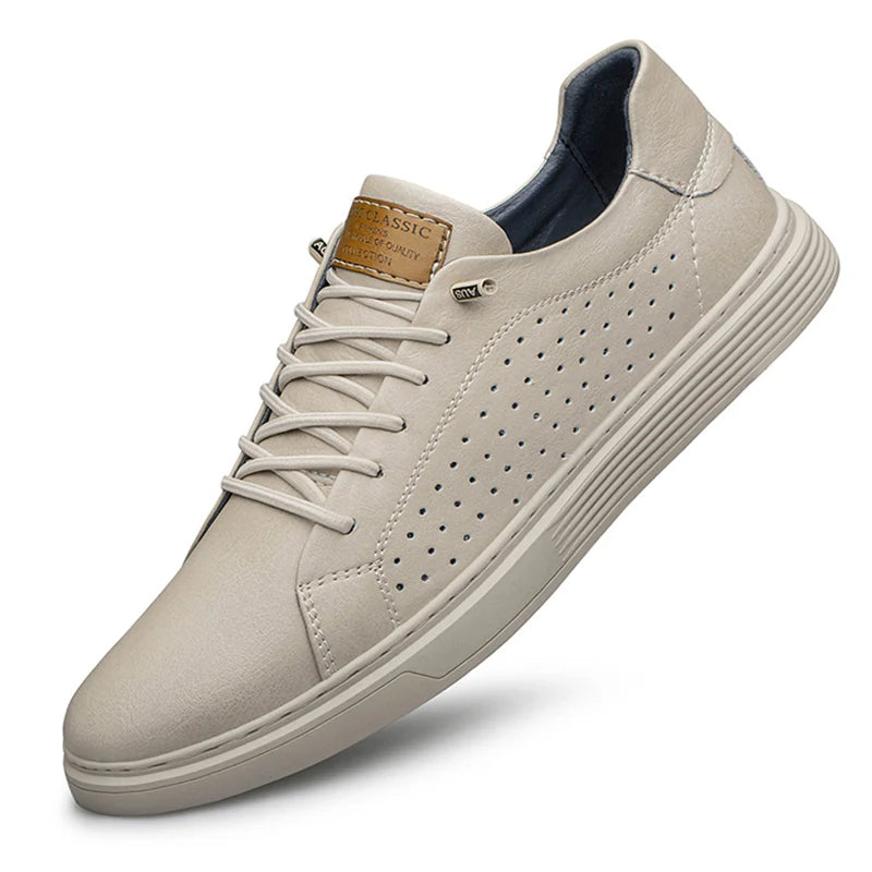 White-breathable Color Men’s Genuine Leather Oxford Sneakers – Casual Lace-Up