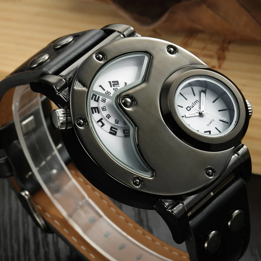 Large Dial Men’s Quartz Watch With Leather Strap