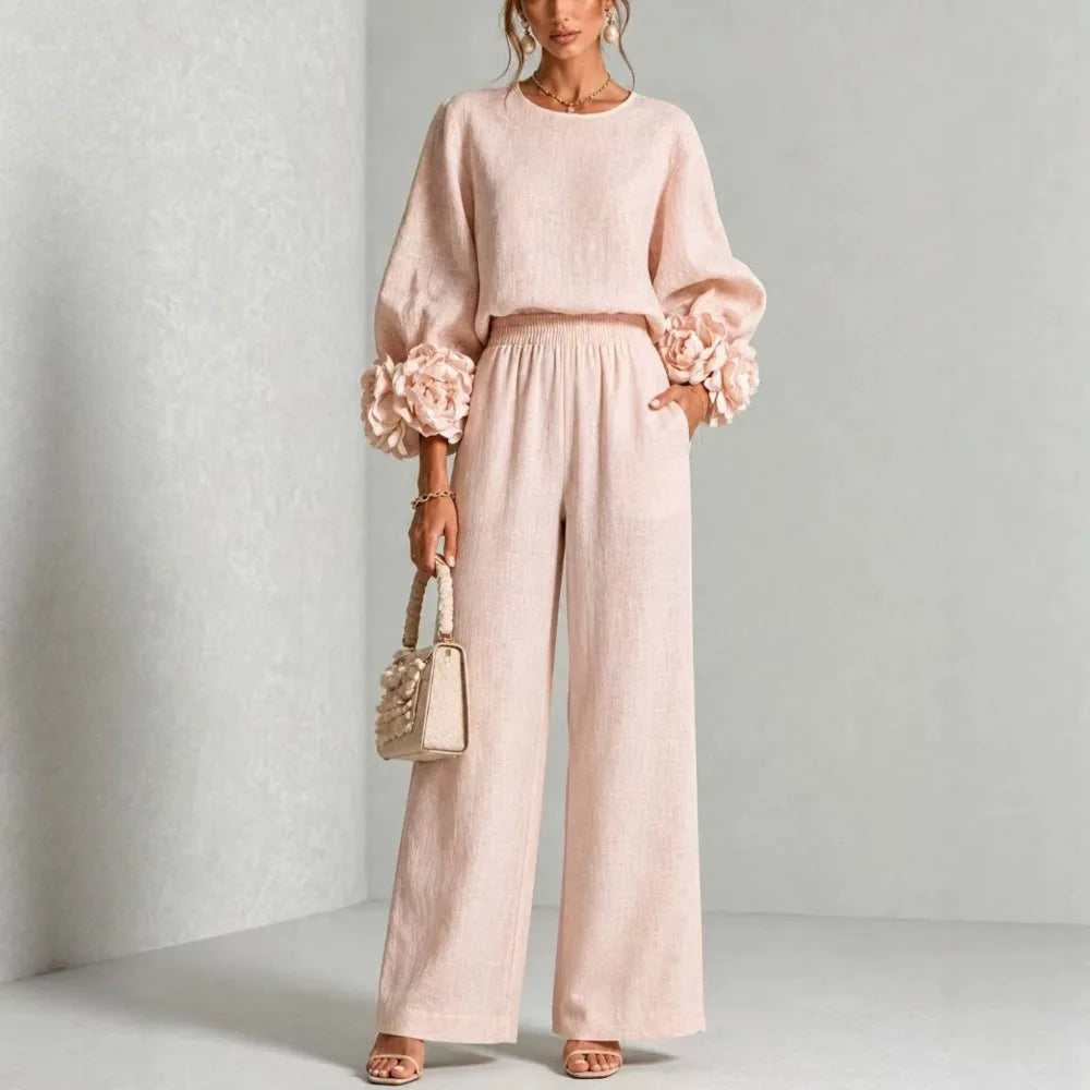 Women’s Floral Two Piece Set with Lantern Sleeve Top