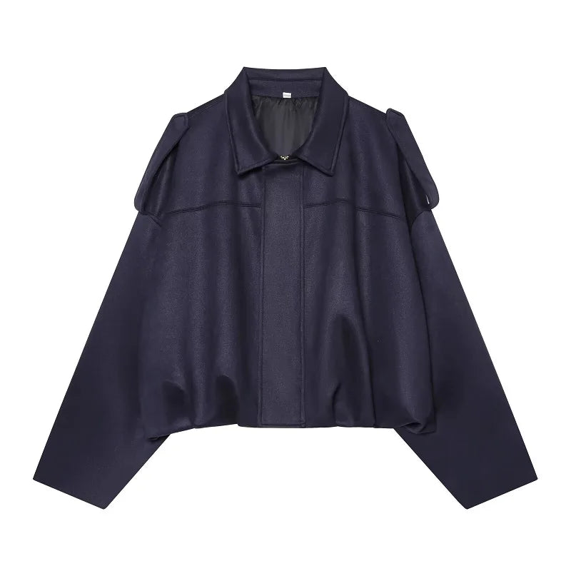 Navy Blue Color Women’s Faux Suede Bomber Jacket Zip-Up Oversized Coat
