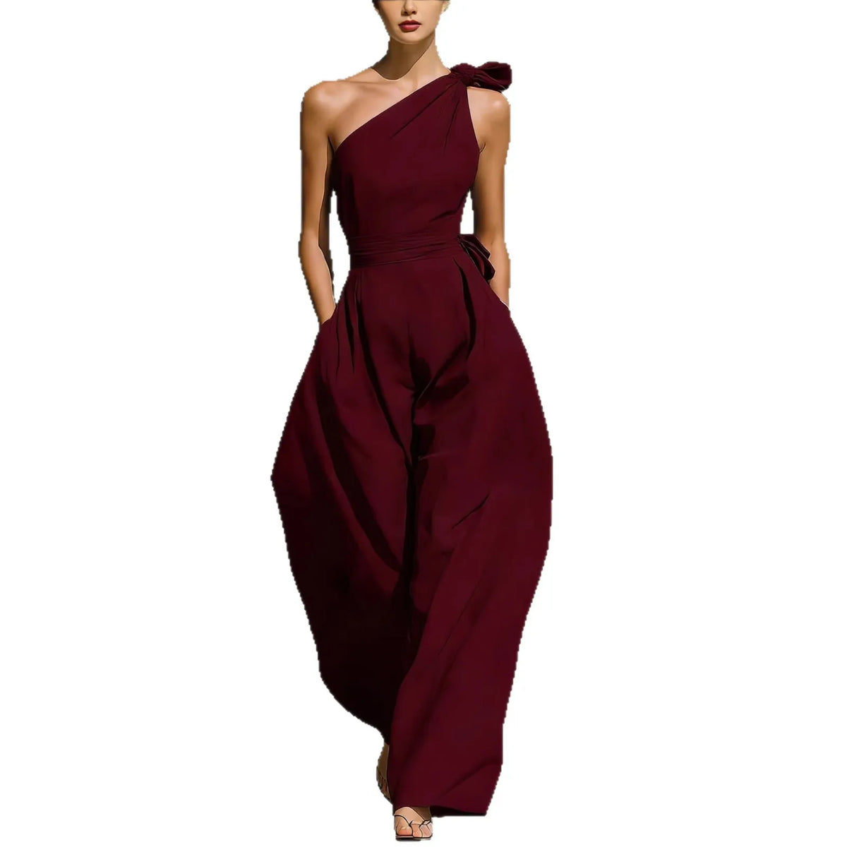 Women’s One-Shoulder Wide-Leg Jumpsuit With Sash Belt