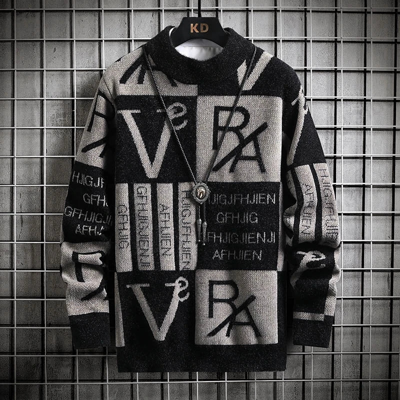 Men’s Knit Letter Pullover Sweater Round Neck Casual