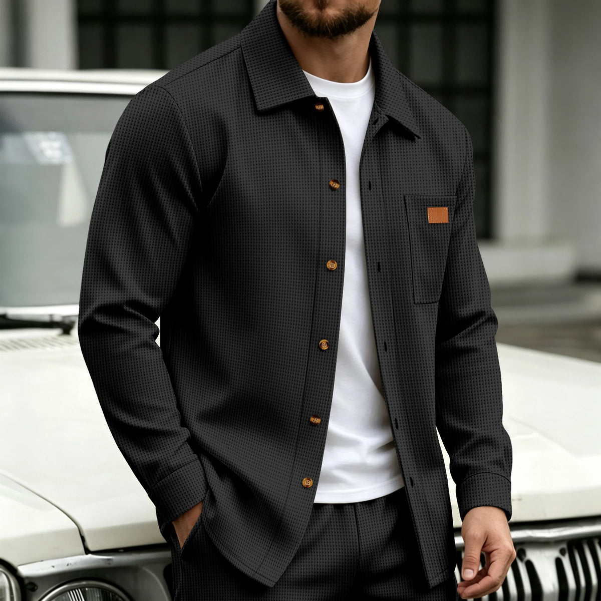 Men's Waffle Knit Button Shirt Jacket With Pocket