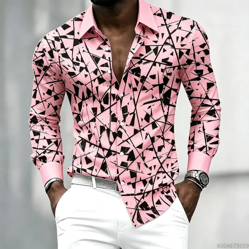 YCZWZW080798R Color Men's Geometric Print Lapel Shirt Casual Long Sleeve