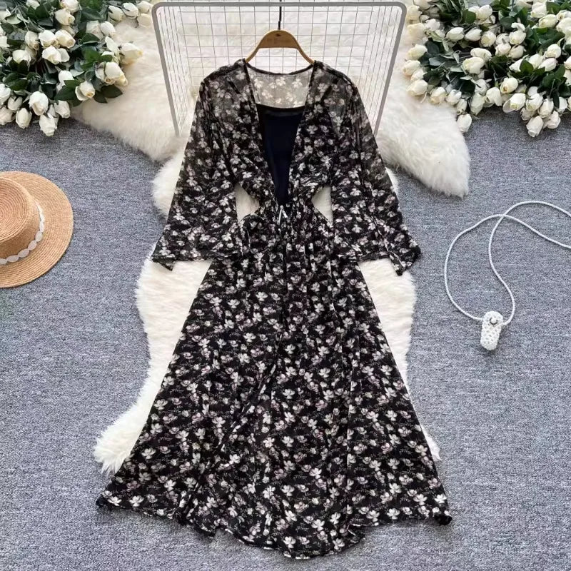 black 2 Color Women’s Floral Chiffon Two-Piece Midi Dress Set