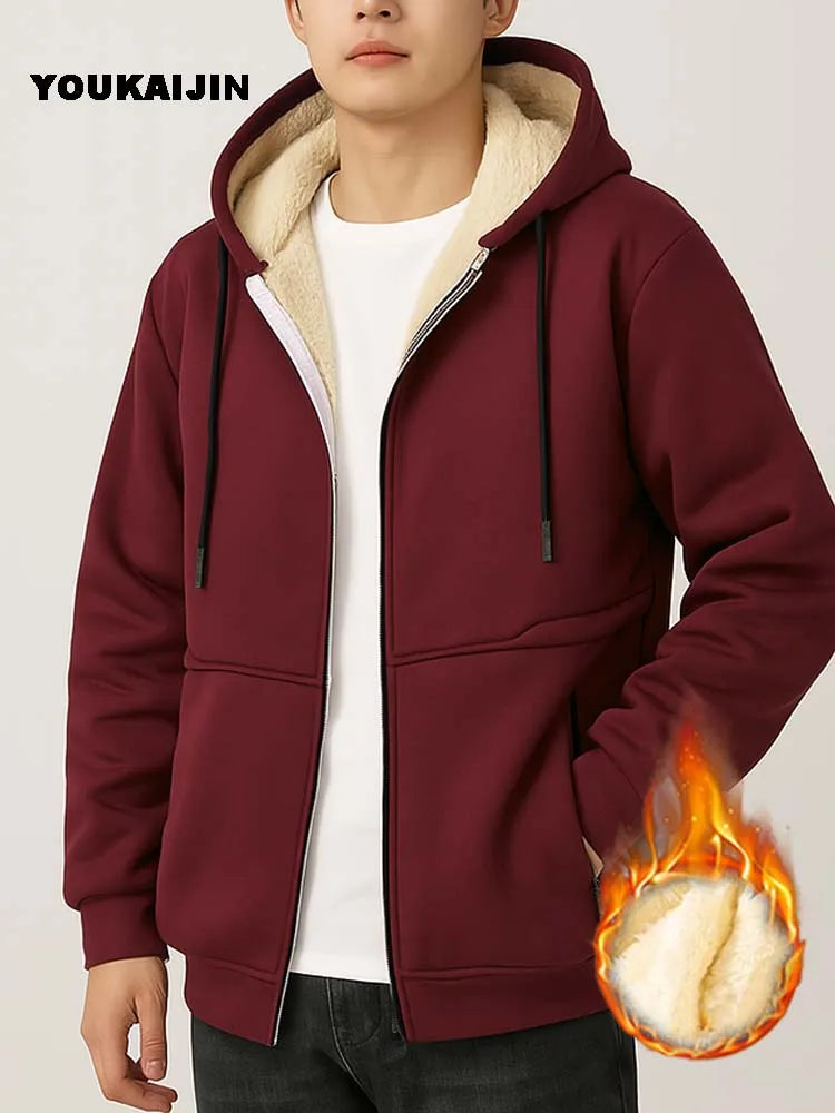wine red Color Men's Sherpa Fleece Zip Hoodie Jacket