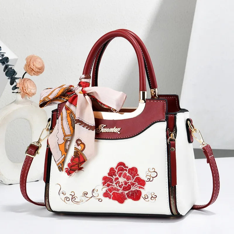 Women’s Embroidered PU Leather Shoulder Tote Handbag