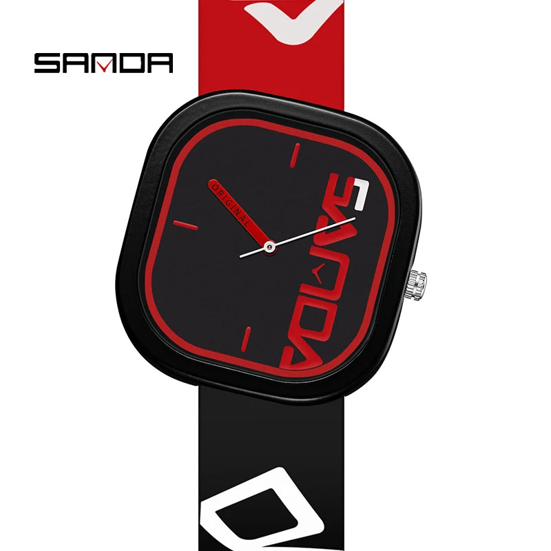 Black Red Color Men’s Square Quartz Watch With Silicone Strap
