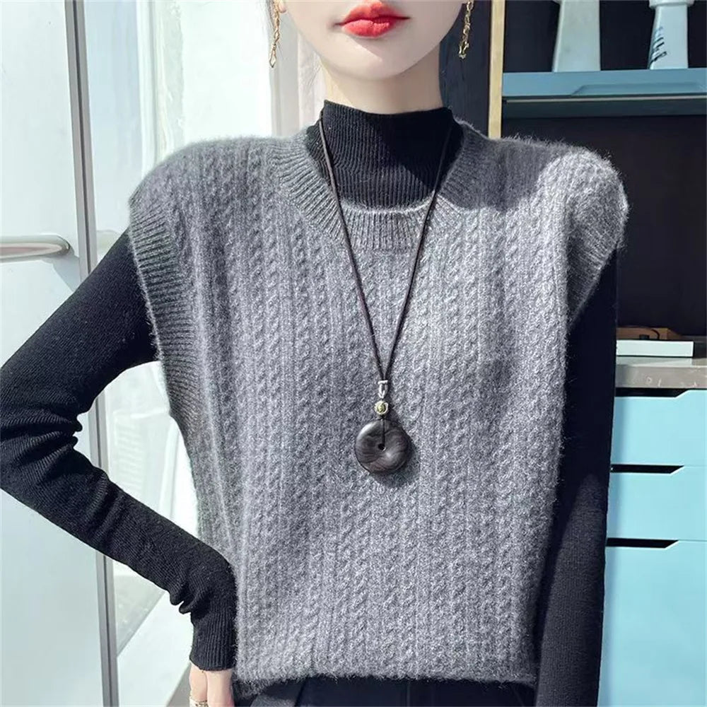 Women’s Knitted Sweater Vest O-Neck Solid Vintage Style