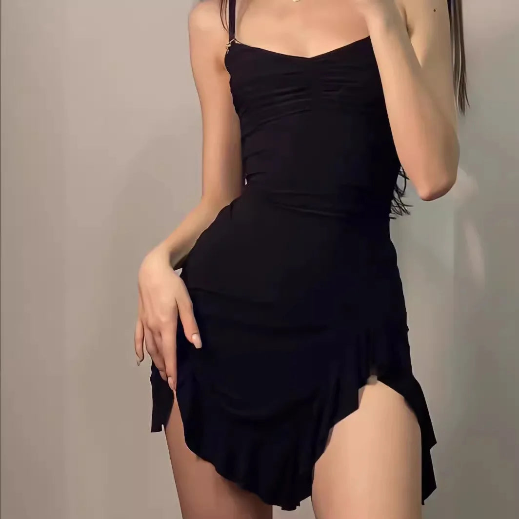 Women’s Spaghetti Strap Side Slit Ruffled Mini Dress