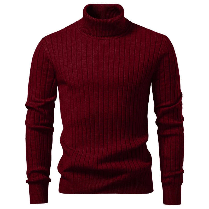 Wine Red Color Men's Striped Turtleneck Knit Sweater – Warm Casual