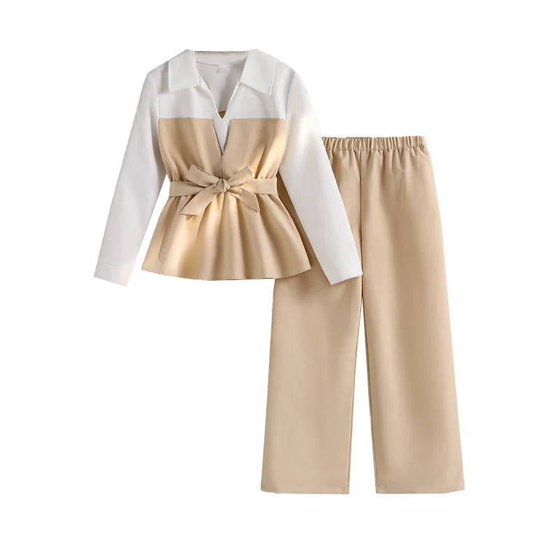 EH06028BR Khako Color Girls Autumn Patchwork Top And Pants Outfit Set