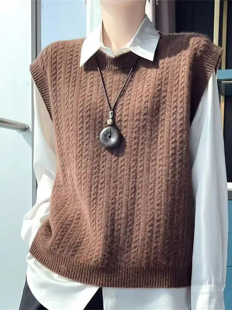 Women’s Knitted Sweater Vest O-Neck Solid Vintage Style