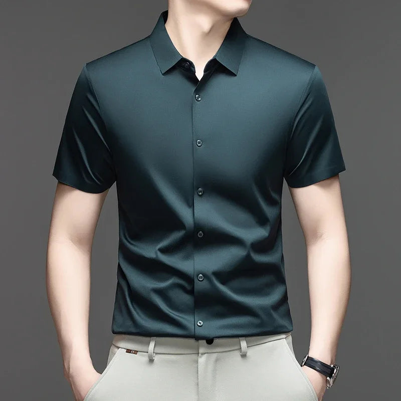 Dark green Color Men's Ice Silk Short Sleeve Shirt – Lightweight Casual