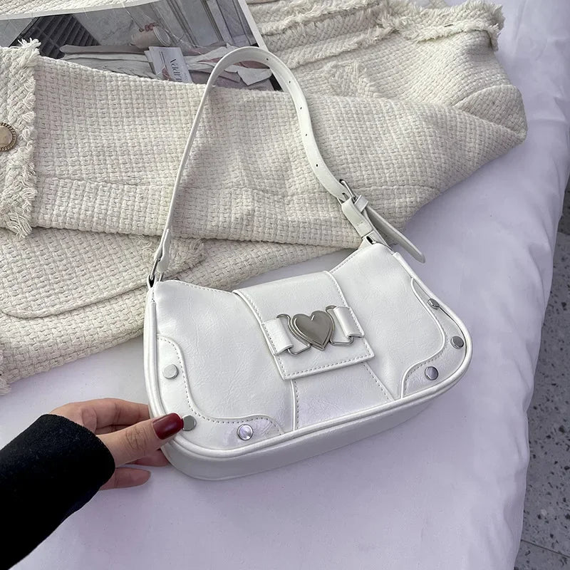 White-Love Color Bow Shoulder Underarm Bag For Women PU Saddle Handbag