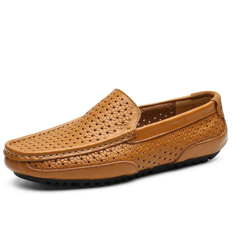 Hollow out yellow Color Men’s Genuine Leather Loafers – Breathable Slip-On Driving Shoes