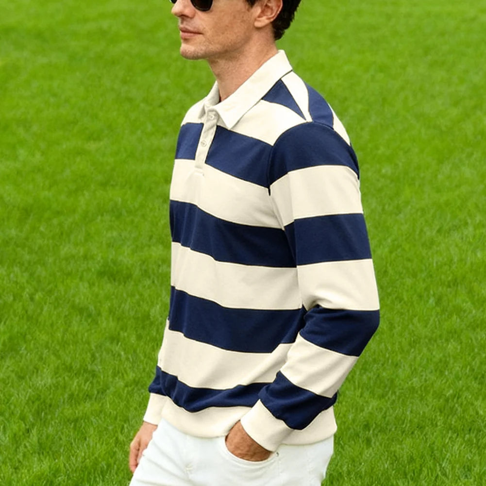 Men’s Striped Long Sleeve Polo T-Shirt Casual Top