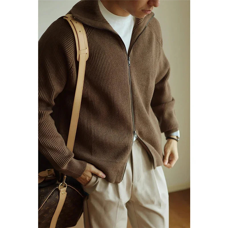 Brown Color Men’s Zip-Up Knitted Cardigan – Warm Anti-Pilling Design