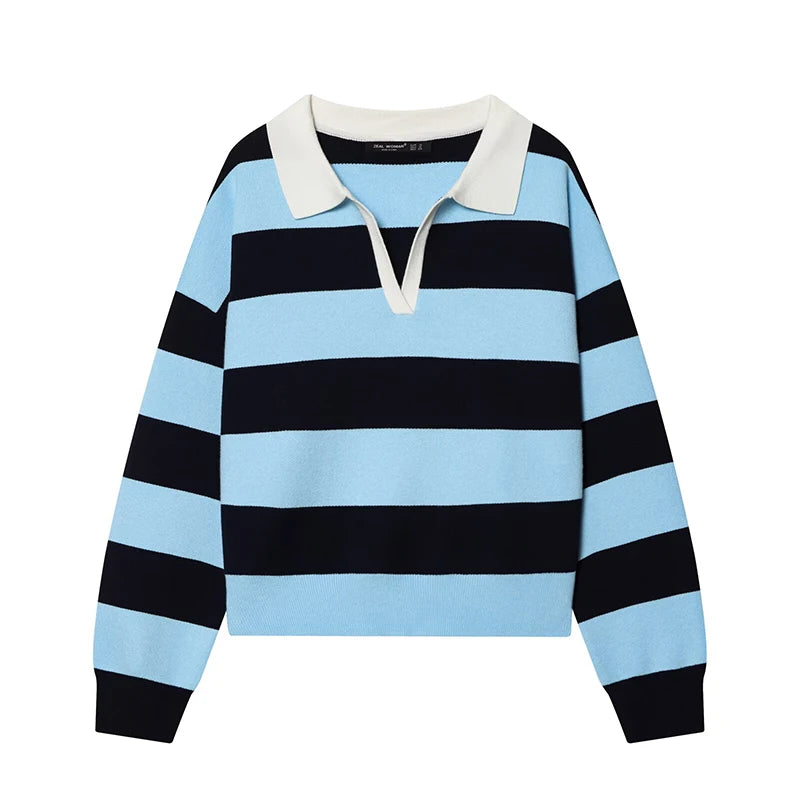 SKY BLUE Color Women’s Striped Knit Polo Sweater – Casual Loose Pullover
