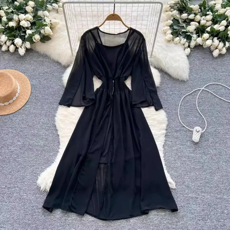 black 3 Color Women’s Floral Chiffon Two-Piece Midi Dress Set