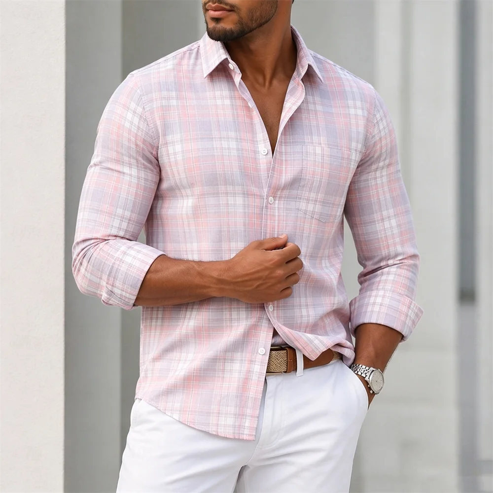 zw2037 Color Men’s Plaid Button-Down Shirt Casual Long Sleeve