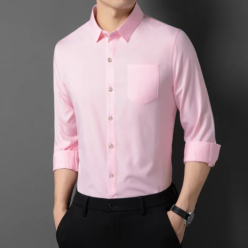 Pink Color Men's Wrinkle-Resistant Long Sleeve Smart Casual Shirt