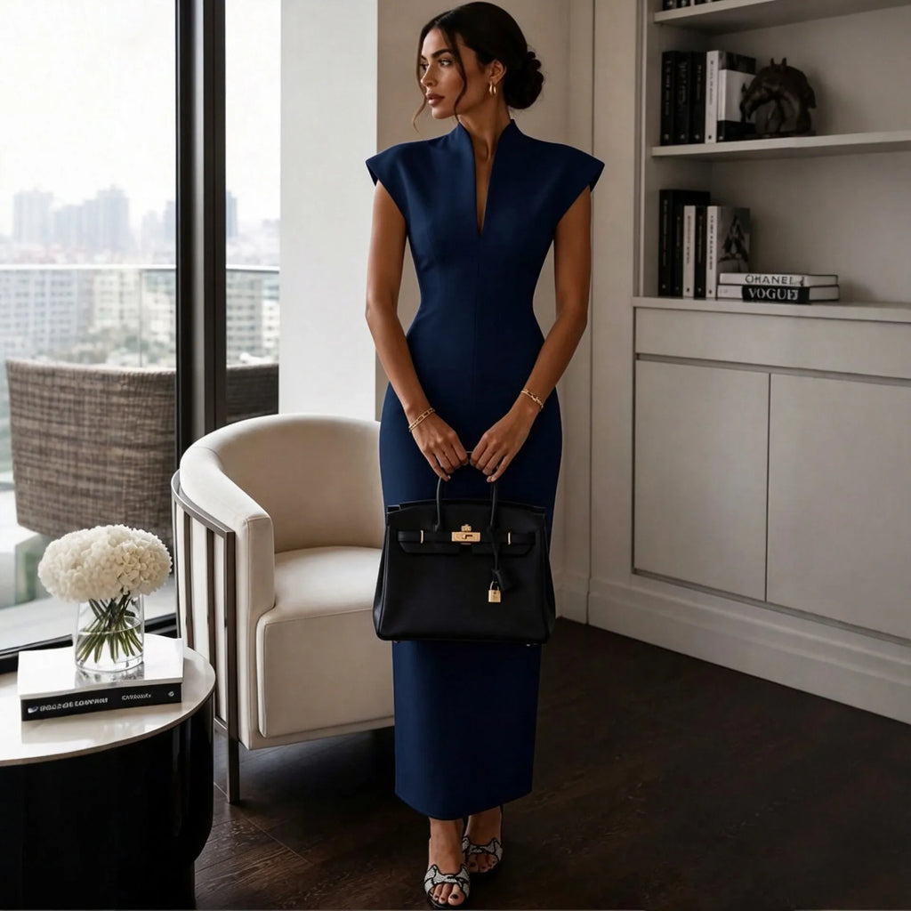 Navy blue Color Sleeveless V-Neck Bodycon Midi Dress For Women