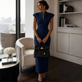 Navy blue Color Sleeveless V-Neck Bodycon Midi Dress For Women