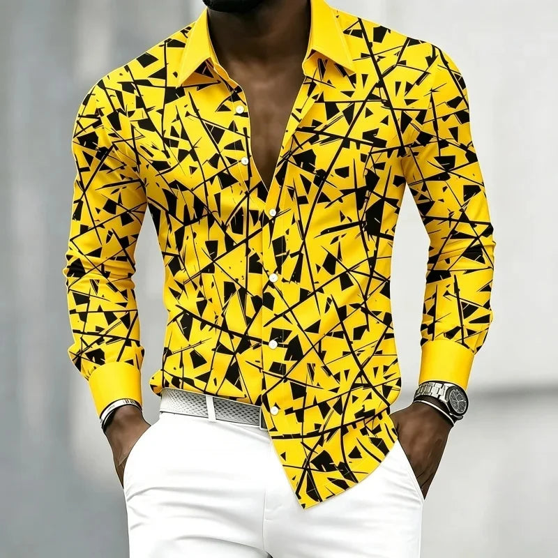 Men's Geometric Print Lapel Shirt Casual Long Sleeve