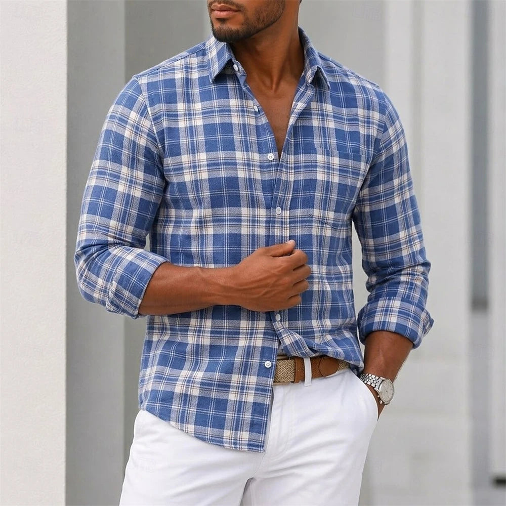 zw2042 Color Men’s Plaid Button-Down Shirt Casual Long Sleeve