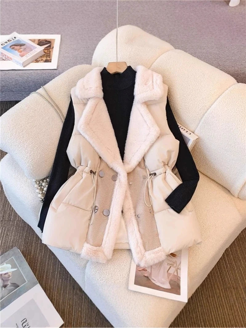 Women’s Faux Fur Collar Padded Winter Vest Coat