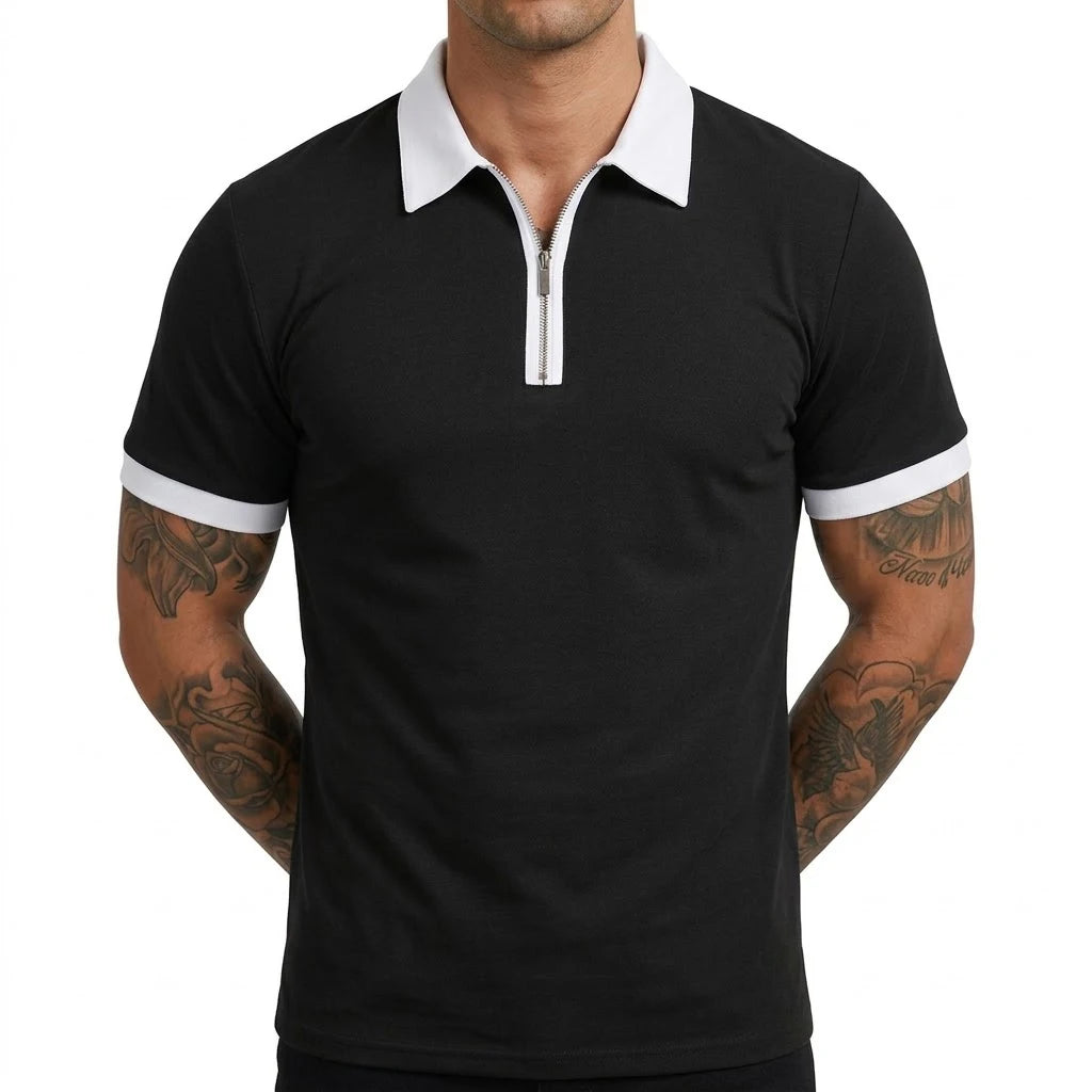 Black White Color Men’s Zipper Polo Shirt Short Sleeve Moisture-Wicking