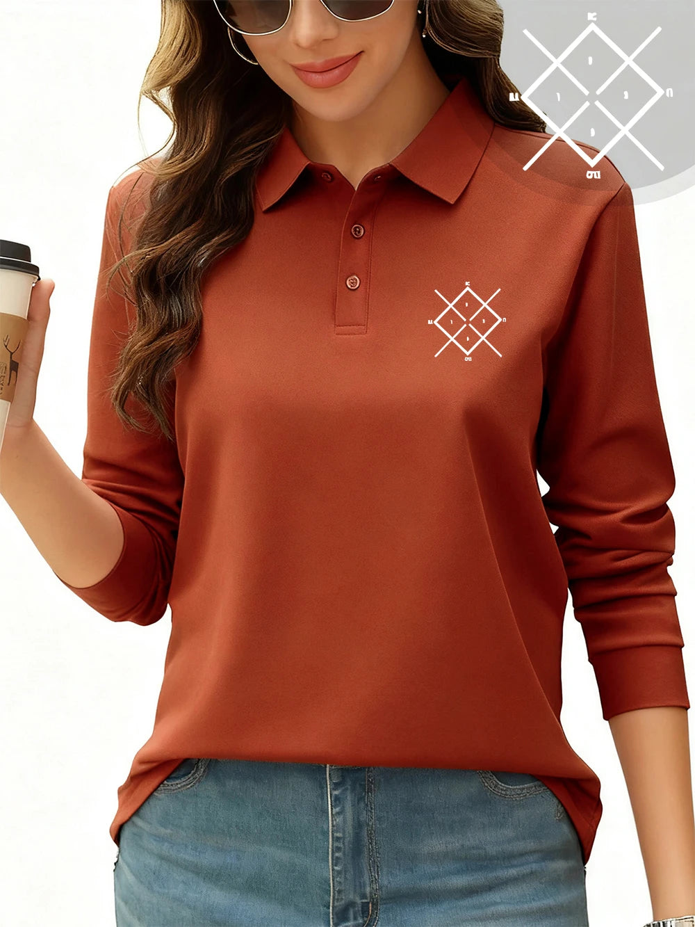 Brick Red Color Women’s Sporty Polo Shirt With Long Sleeves And Letter Print