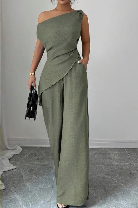 Army Green Color One Shoulder Wide Leg Jumpsuit Set For Women