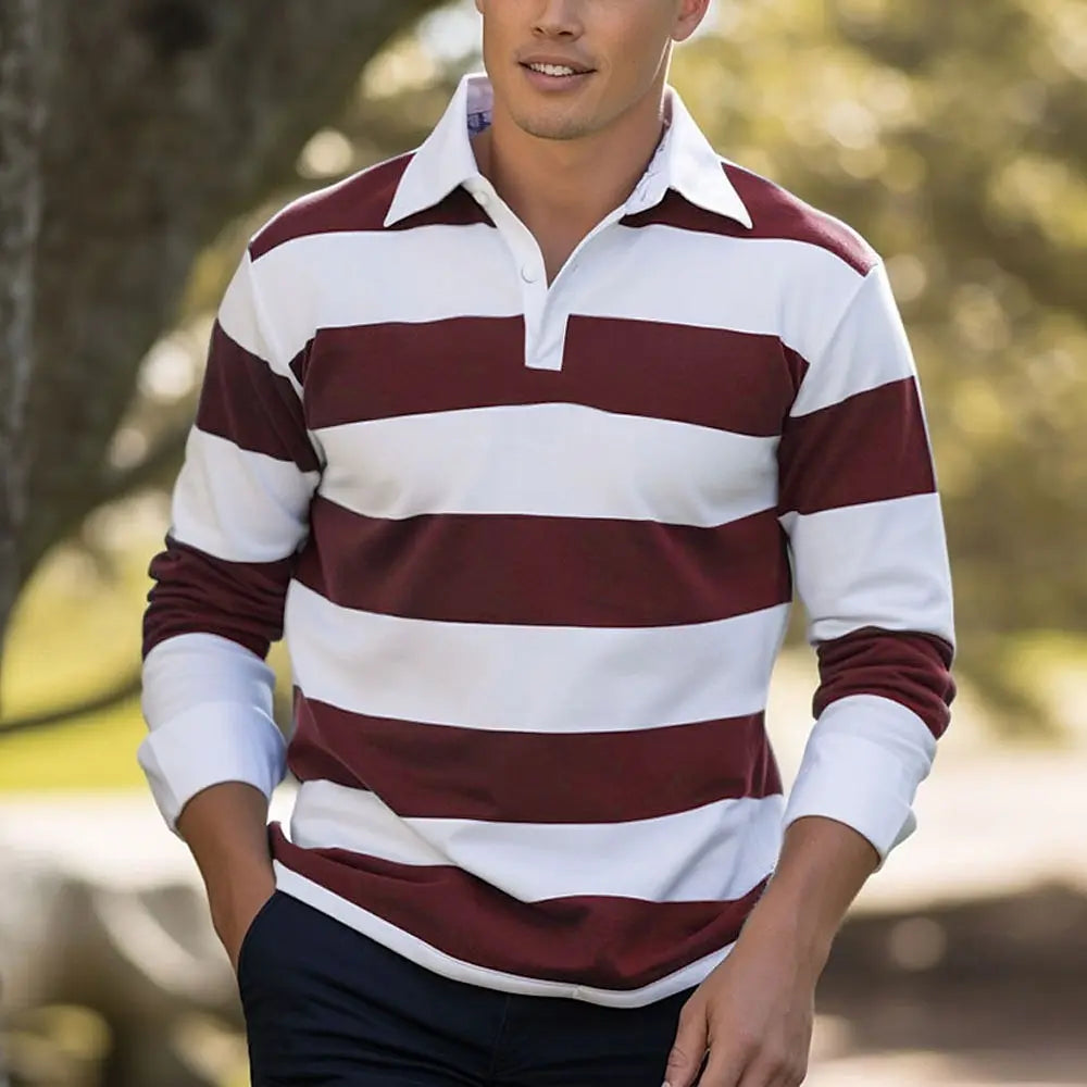 Men’s Striped Long Sleeve Polo Shirt Quick-Dry Casual