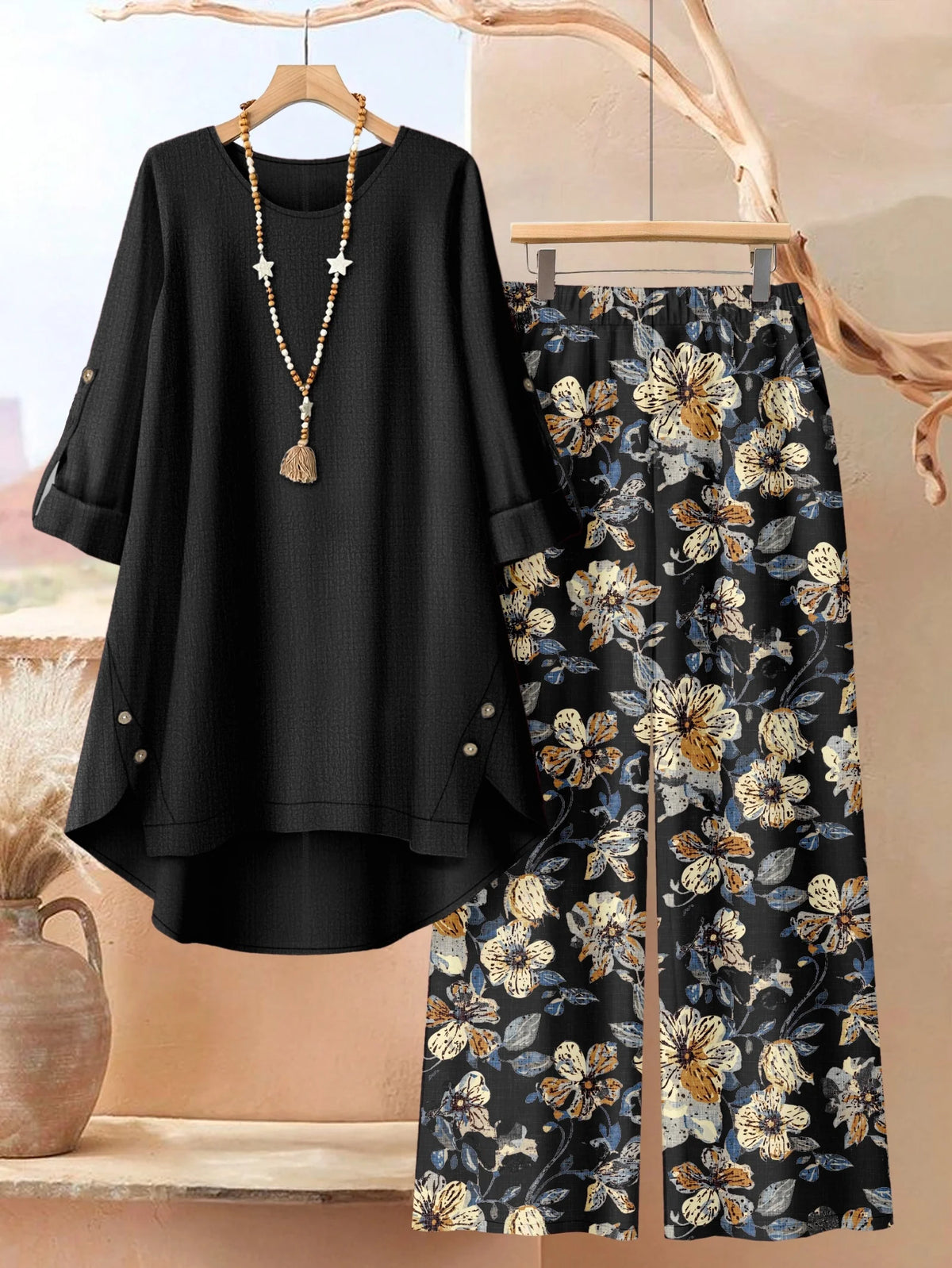 HJ400hei Color Plus Size Women’s Two Piece Set With Floral Wide Leg Pants