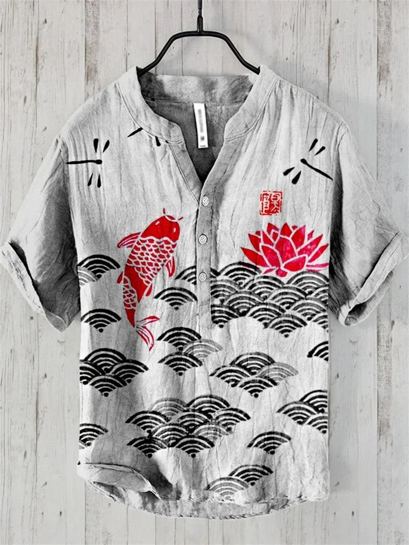 ARU223 Color Men’s Linen Casual V-Neck Short Sleeve Beach Shirt