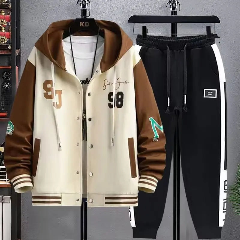 KS05-Khaki Color Men’s Korean Style Hoodie Tracksuit Set With Sweatpants