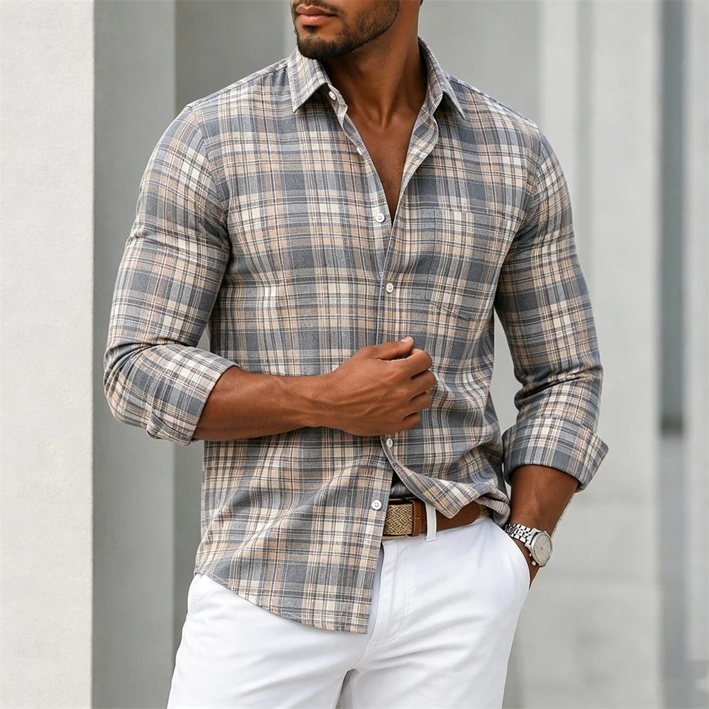 zw2043 Color Men’s Plaid Button-Down Shirt Casual Long Sleeve
