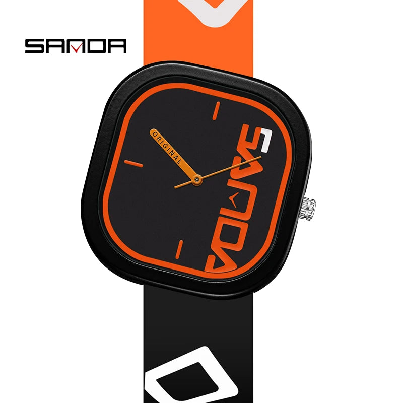 Black Orange Color Men’s Square Quartz Watch With Silicone Strap
