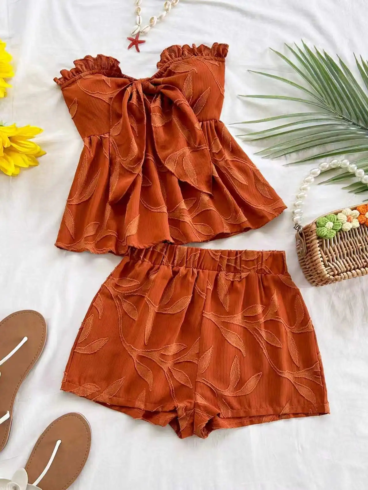 Women’s Strapless Bow Top & Jacquard Shorts Set